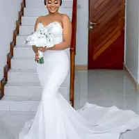 Plus Size Arabic Aso Ebi Simple Crystals Mermaid Wedding Gowns Sweetheart Satin Elegant Bridal Dresses - Thumbnail 2