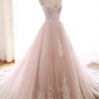 Spaghetti Straps Prom Dress Pink Bridal Dress Lace A-line Dress,custom Made - Thumbnail 1