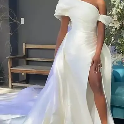 Plus size arabic aso ebi stylish mermaid sexy wedding dress one shoulder high split satin elegant bridal gowns dresses - Thumbnail 2