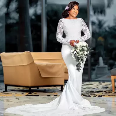 Plus size arabic lace beaded mermaid wedding gowns long sleeves satin vintage bridal dresses - Thumbnail 1