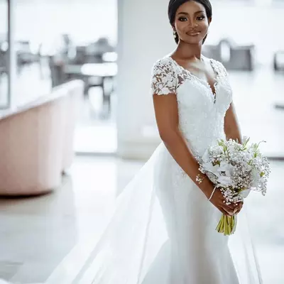  sexy lace beaded wedding dresses mermaid deep vneck bridal dresses cheap satin wedding gowns - Thumbnail 2