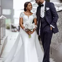  sexy lace beaded wedding dresses mermaid deep vneck bridal dresses cheap satin wedding gowns - Thumbnail 2