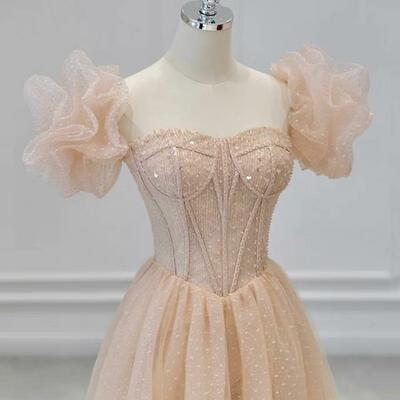Pink tulle sequins long prom dress evening dress