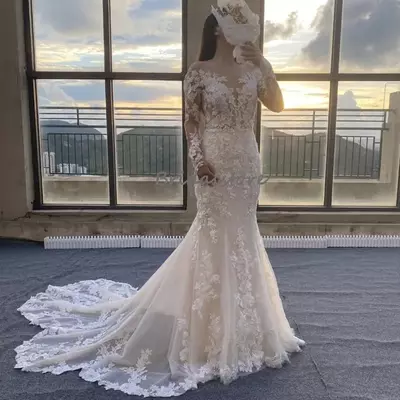Chic lace mermaid boho wedding dress long sleeve backless bohemian wedding gowns trumpet train garden country bridal dresses women robe de mariée