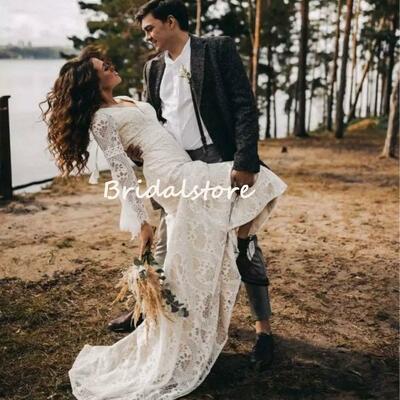 Unique boho lace wedding dress with flare sleeves sexy v neck mermaid bohemian wedding dresses  - Thumbnail 3
