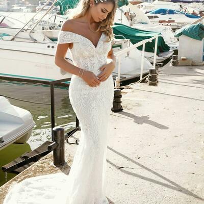 Mermaid lace wedding dresses detachable train off the shoulder beach wedding gowns summer dresses