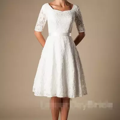Short wedding dresses with sleeves modest vintage 1920s' lace knee-length outdoor reception informal bridal wedding dress