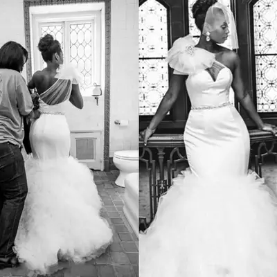 Vintage african wedding dresses with sheer neck one shoulder ruffles plus size wedding dress sash beads arabic black girl bridal gowns - Thumbnail 2