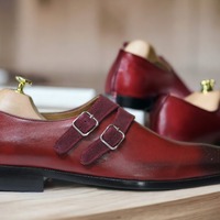  Handmade Men's Burgundy Double Buckle Leather Suede Shoes, Loafer Shoes - Thumbnail 2