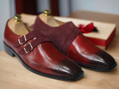  Handmade Men's Burgundy Double Buckle Leather Suede Shoes, Loafer Shoes