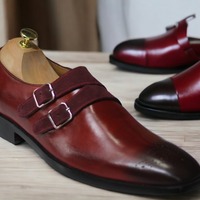 Handmade Men's Double Buckle Burgundy Suede Leather Loafer Shoes, Slip On Moccasin Shoes - Thumbnail 1