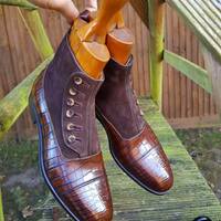 Handmade Brown Crocodile Texture Leather and Suede Ankle High Button Boot - Thumbnail 1