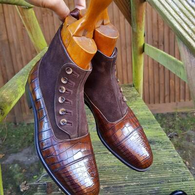 Handmade brown crocodile texture leather and suede ankle high button boot - Thumbnail 3