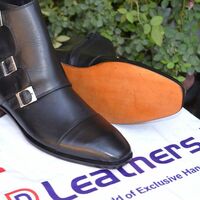 Triple Monk Strap Ankle High Black Leather Handmade Boot - Thumbnail 1