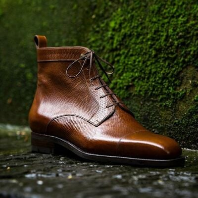 Brown grain leather ankle high stylish dress lace up boot - Thumbnail 3