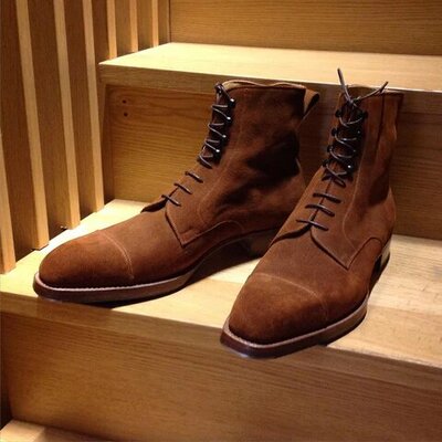 Medium Brown Suede Leather Ankle High Lace up Boot