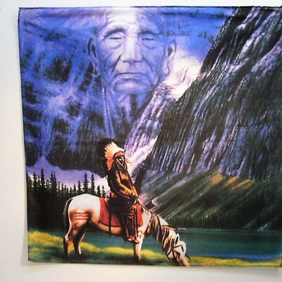Old school vtg native chief warrior horse mountains w/bust bandanna wall hanging scarf head wrap tapestry bandana #b52