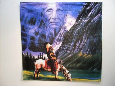 Old School Vtg Native Chief Warrior Horse Mountains w/Bust Bandanna Wall Hanging Scarf Head Wrap Tapestry Bandana #B52