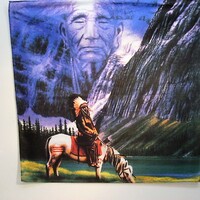 Old School Vtg Native Chief Warrior Horse Mountains w/Bust Bandanna Wall Hanging Scarf Head Wrap Tapestry Bandana #B52 - Thumbnail 2