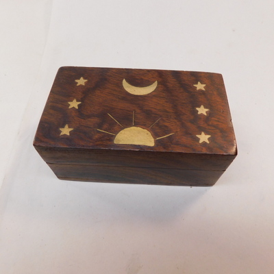 Wood carved box 2" x 3.5" with brass inlay stars moon sun jewelry stash box