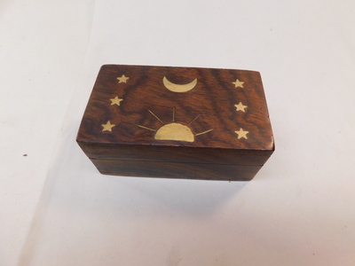 Wood Carved Box 2" x 3.5" with Brass Inlay Stars Moon Sun Jewelry Stash Box