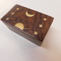 Wood Carved Box 2" x 3.5" with Brass Inlay Stars Moon Sun Jewelry Stash Box - Thumbnail 4