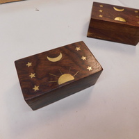Wood Carved Box 2" x 3.5" with Brass Inlay Stars Moon Sun Jewelry Stash Box - Thumbnail 5