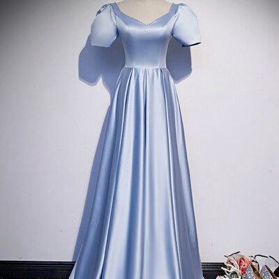 Light blue satin v-neck puff sleeve beading prom dress