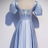Light Blue Satin V-neck Puff Sleeve Beading Prom Dress - Thumbnail 1