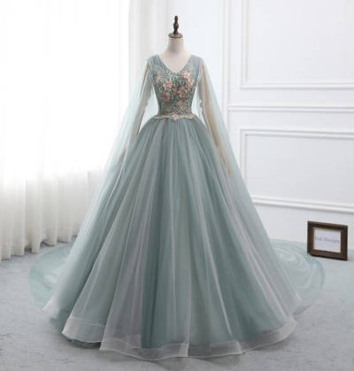 Light Blue Satin V-neck Puff Sleeve Beading Prom Dress