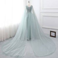 Light Blue Satin V-neck Puff Sleeve Beading Prom Dress - Thumbnail 1