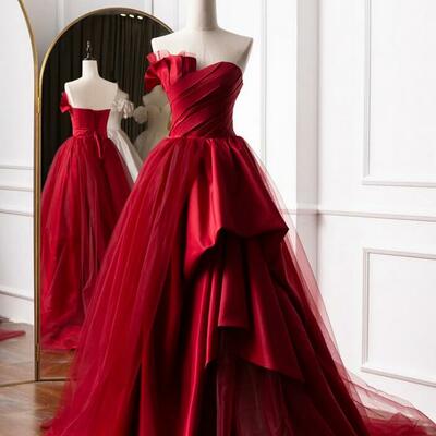 Mermaid simple strapless red prom dresses