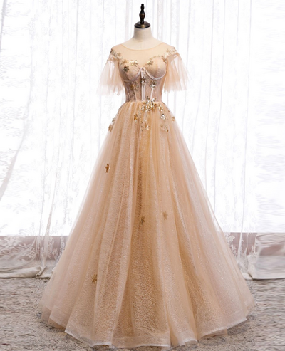 party Dresses, Champagne Round Neck Tulle Lace Long Prom Dresses Formal