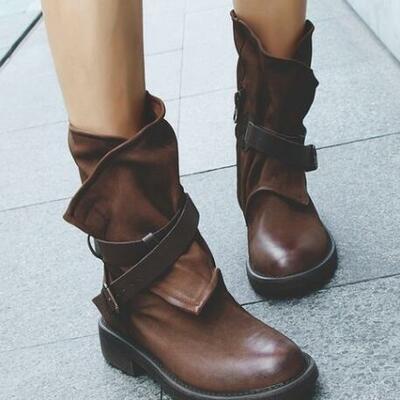 Round toe ankle strap low square heel boots for women 