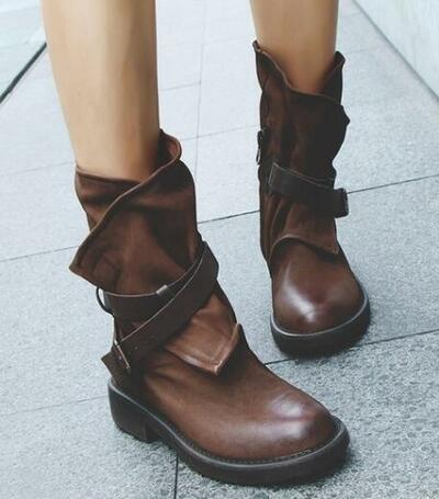 Round toe ankle strap low square heel boots for women 