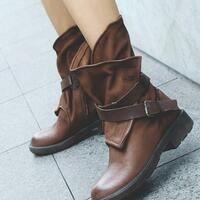 Round toe ankle strap low square heel boots for women  - Thumbnail 2