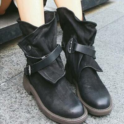 Round toe ankle strap low square heel boots for women 