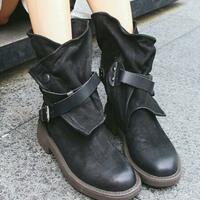 Round toe ankle strap low square heel boots for women  - Thumbnail 1
