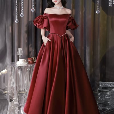 Burgundy satin long a-line formal prom dress - Thumbnail 1