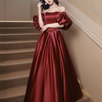 Burgundy Satin Long A-Line Formal Prom Dress - Thumbnail 1