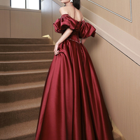 Burgundy Satin Long A-Line Formal Prom Dress - Thumbnail 2