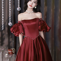 Burgundy Satin Long A-Line Formal Prom Dress - Thumbnail 4