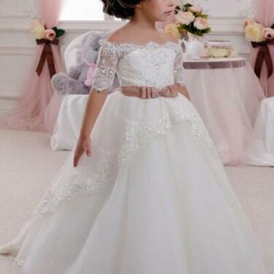 Off the shoulder white flower girl dresses with half sleeve 