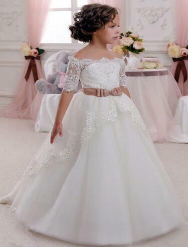 Off the Shoulder White Flower Girl Dresses With Half Sleeve 