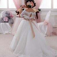 Off the Shoulder White Flower Girl Dresses With Half Sleeve  - Thumbnail 1