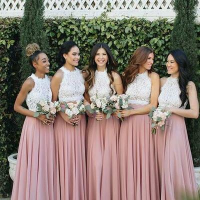 Simple two piece pink chiffon long bridesmaid dresses with lace