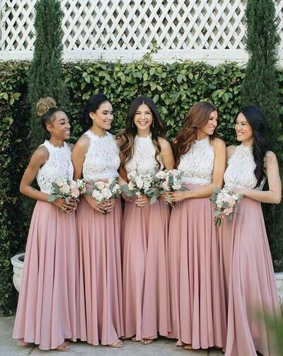 Simple Two Piece Pink Chiffon Long Bridesmaid Dresses With Lace
