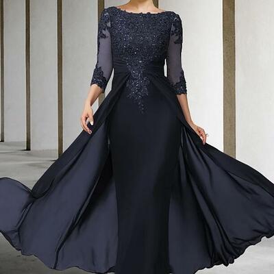 Elegant navy blue mother of the bride dresses with lace appliques