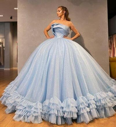 Sparkly Ball Gown Strapless Puffy Evening Gowns 