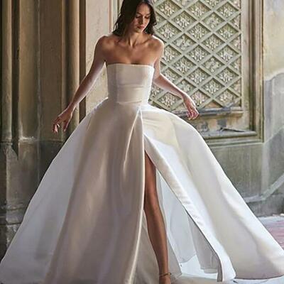 Strapless ivory satin bridal gowns with pockets